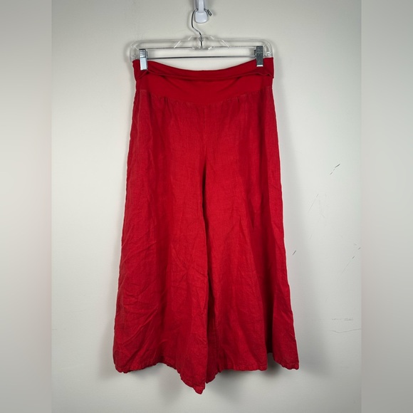 bryn Walker Red Ankle Cropped Pants Linen Wide Leg Gaucho Pant - Picture 1 of 7